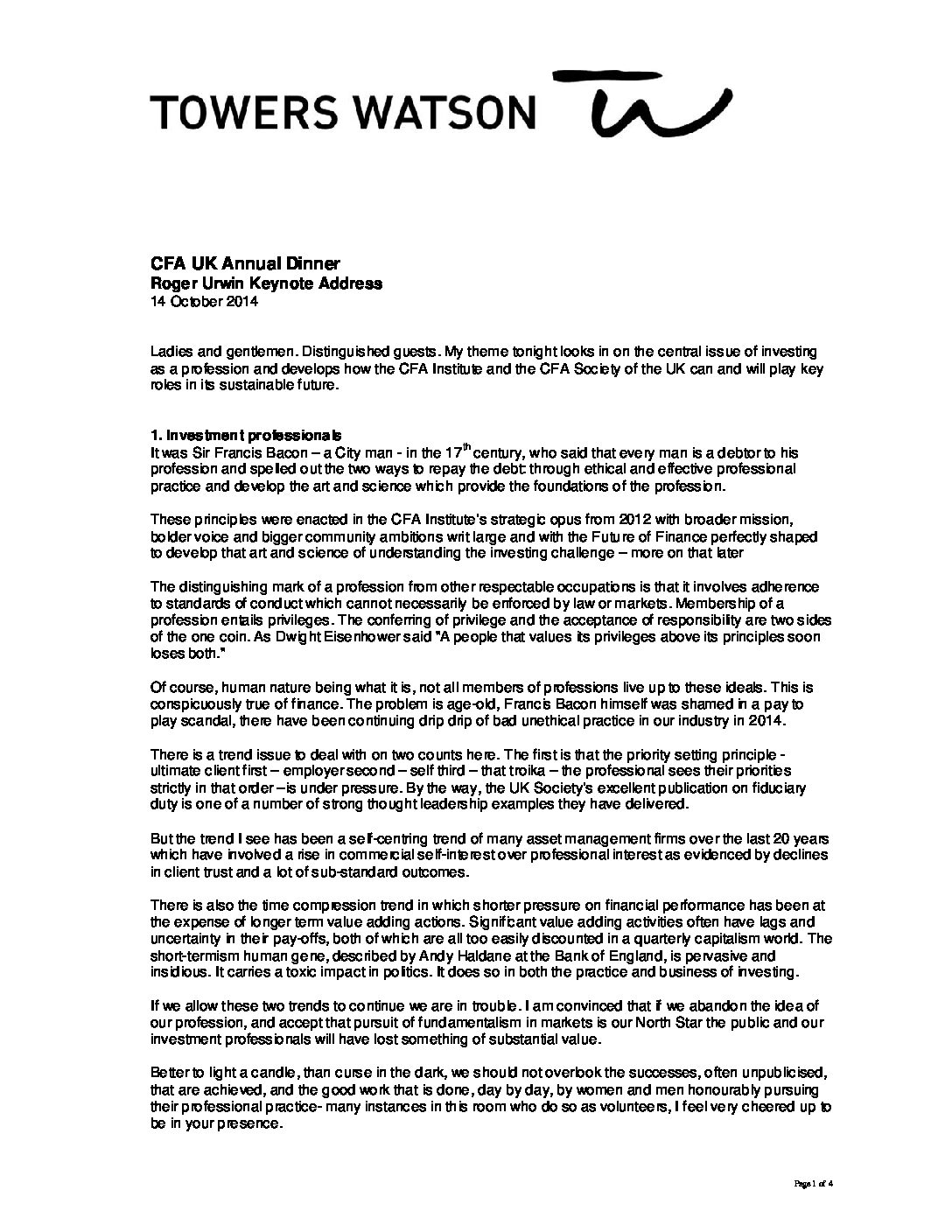 CFA UK Annual Dinner: Roger Urwin Keynote Address - Thinking Ahead Institute